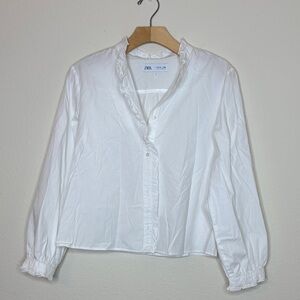 ZARA Ruffled High-Neck Button-Up White Blouse